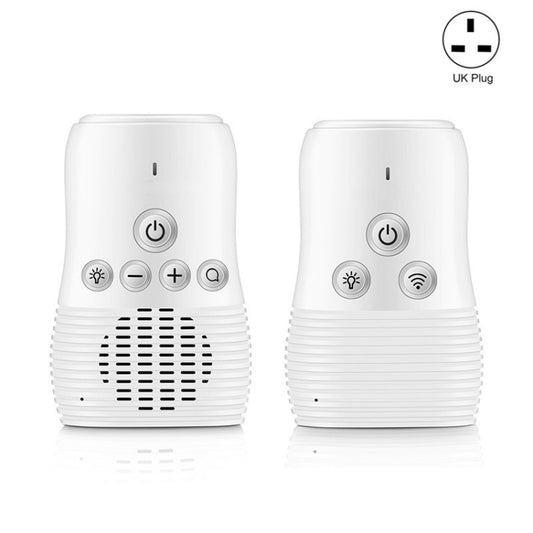 White wireless two-way audio baby monitor intercom unit, front panel with volume and alert icons