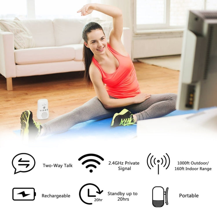 Wireless baby monitor in home setting with parent unit and icons for two-way talk and range