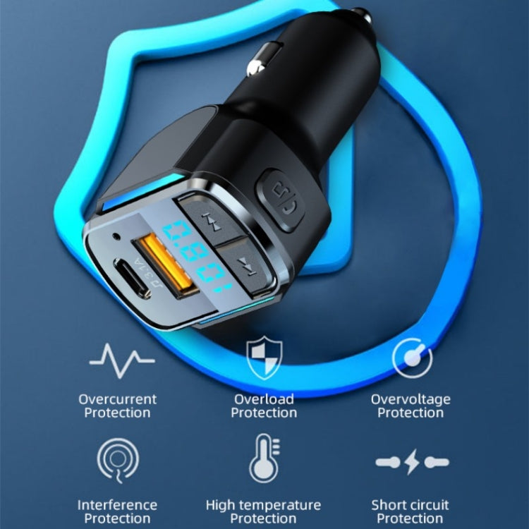 Bluetooth car FM transmitter showing protection icons and glowing display