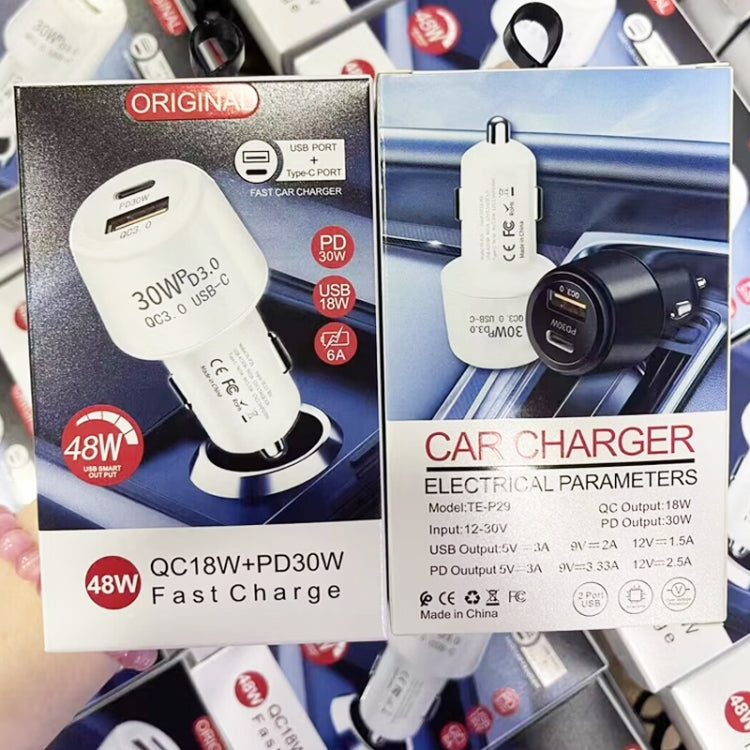 Boxed 48W dual-port car charger set showing PD30W and QC18W electrical parameters