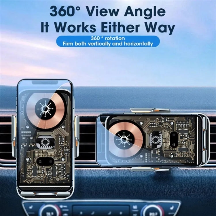 Car wireless charger stand showing cradle for vertical and horizontal phone positioning
