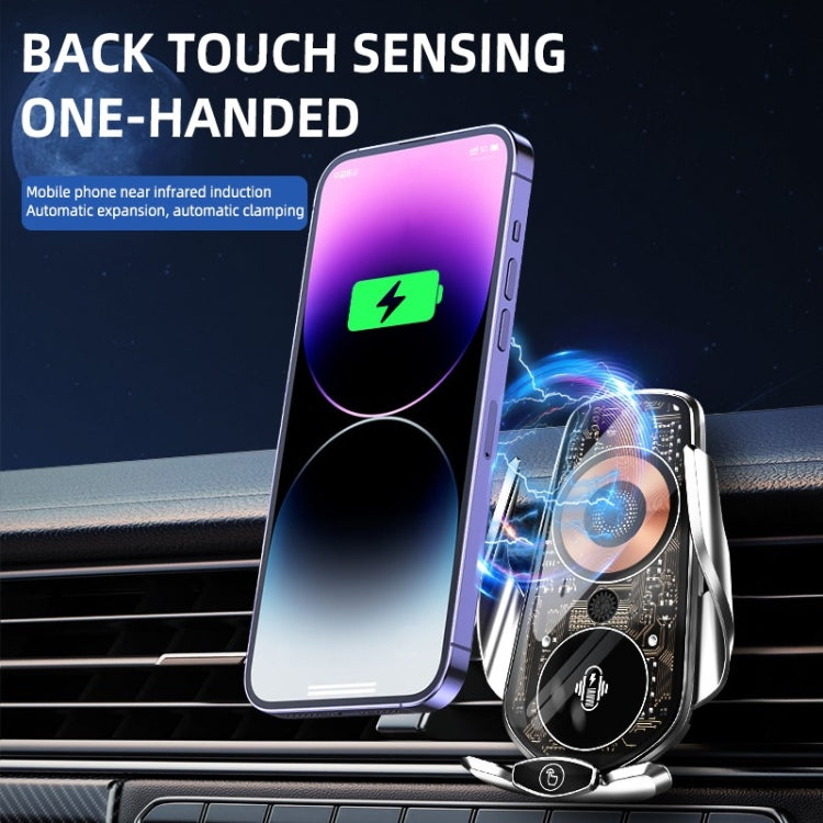 Silver magnetic wireless car phone charger bracket holding a smartphone for wireless charging