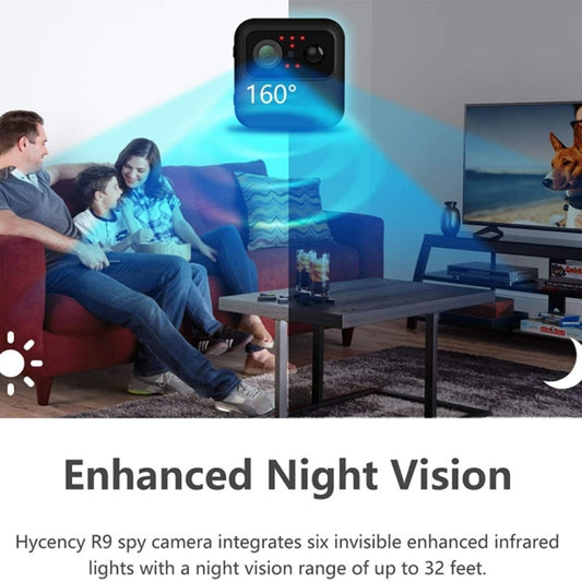 Square black WiFi camera with wide-angle lens and night-vision lighting effect