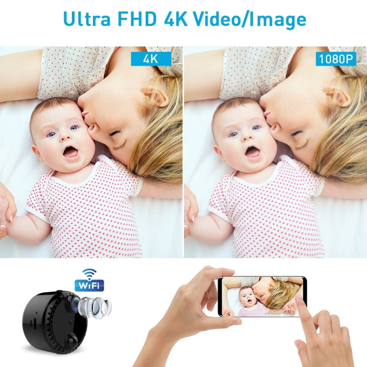 Black WiFi camera with phone preview showing a baby portrait