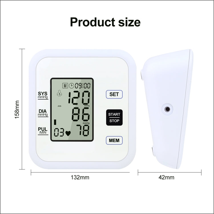 Upper arm blood pressure monitor front display and side view with size dimensions