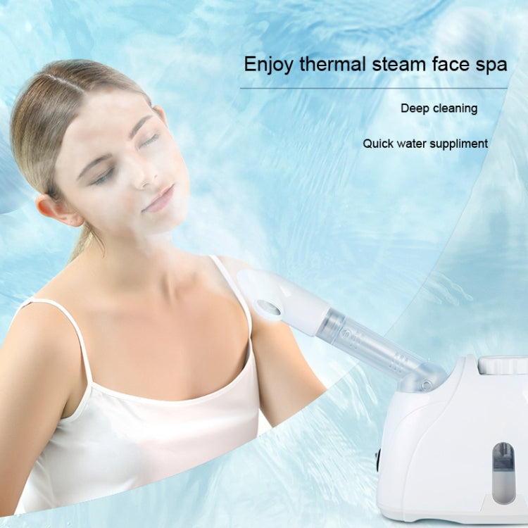 Facial steamer used on face: handheld hot-mist nozzle over spa base