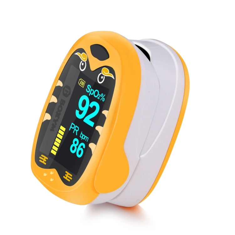 Orange pediatric finger pulse oximeter with OLED display showing 92% SpO2 and PR 86