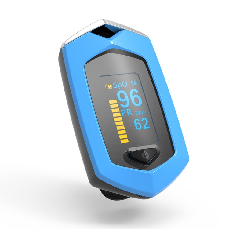 Blue portable finger pulse oximeter with SpO2 and pulse readings on display