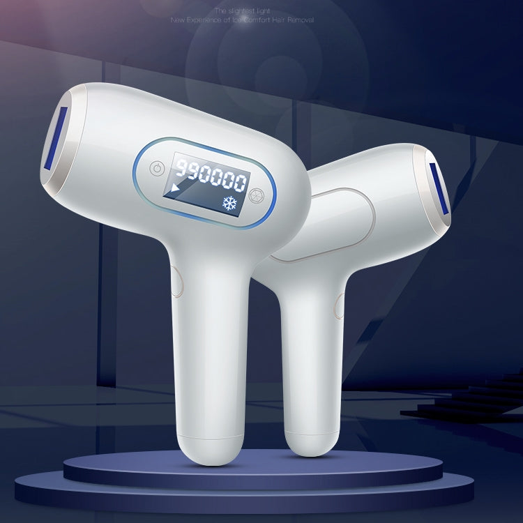 White handheld photon hair removal device with blue panel display and side vents