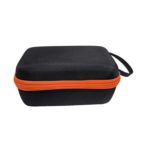Closed hard multimeter storage case in dark fabric with orange edge