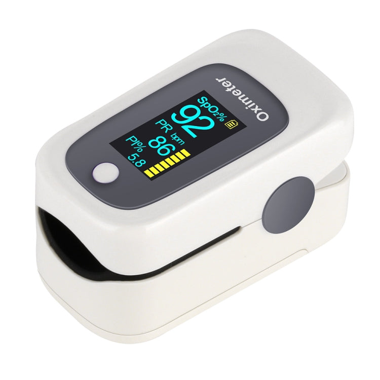 Finger pulse oximeter device with OLED display and side controls, white-gray body