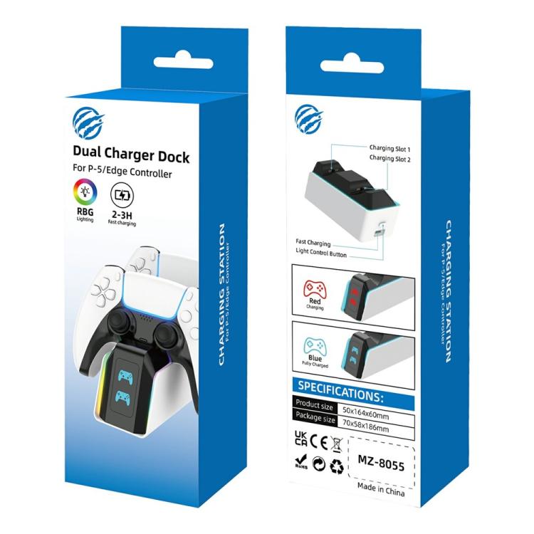 Retail packaging for dual PS5 controller charging dock with RGB light up to 2–3 hours