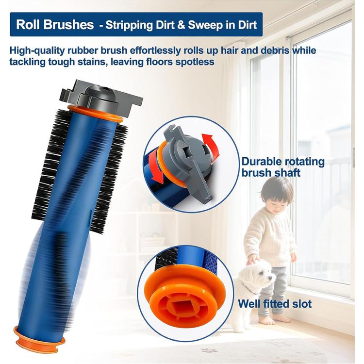Blue stripping roller brush with black bristles, orange base, and rotating shaft