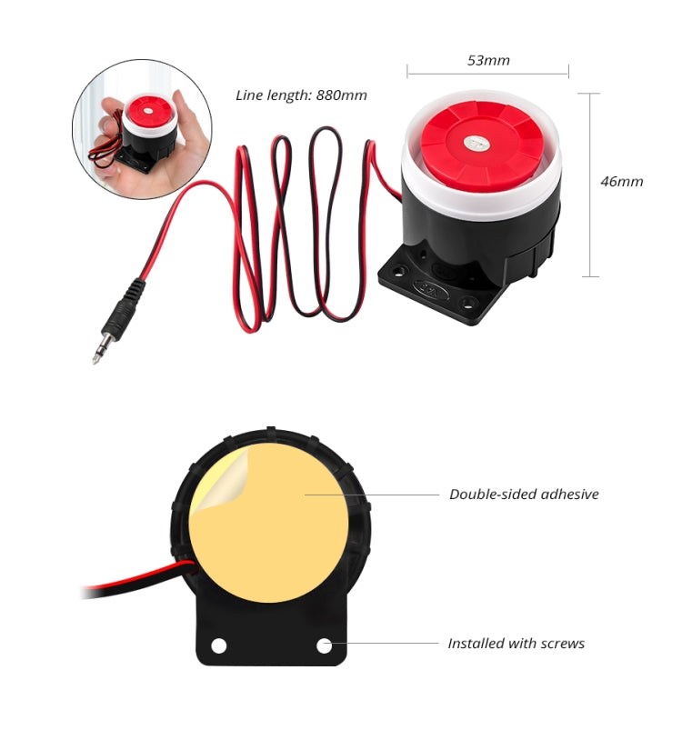 Mini wired alarm horn siren with red sounder, includes wired leads and adhesive mount