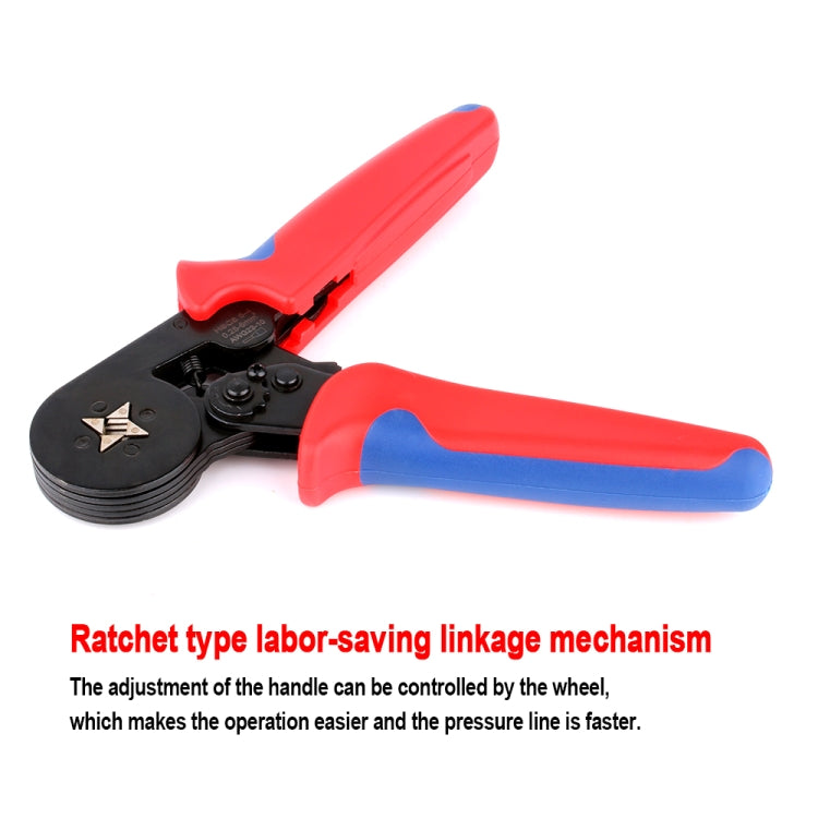 Hand crimping tool with red-and-blue handles, visible ratchet mechanism