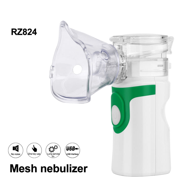 Mesh nebulizer with clear face mask, green accent control, and white handheld body