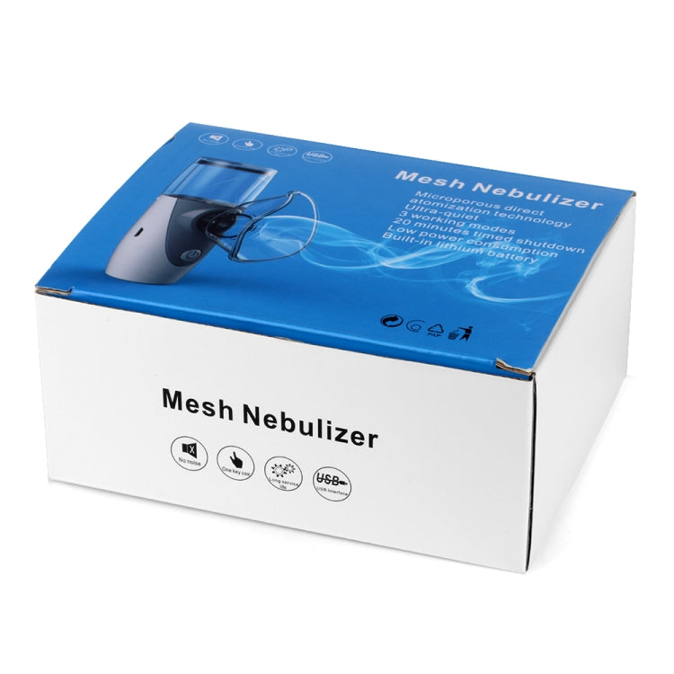 Mesh nebulizer product box with blue top panel and device image