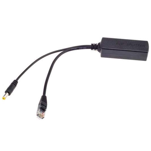 Black PoE splitter adapter with RJ45 cable and yellow-tipped DC power lead