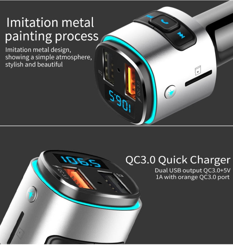 BC41 multi-functional car MP3 player/USB charger, metallic silver with glowing ring display