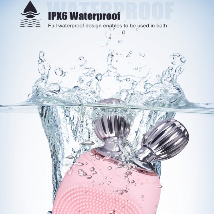 Electric facial cleansing brush with dual chrome heads, splash-proof waterproof design