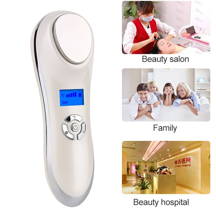 White hot and cold facial massager device with blue display and oval metal head