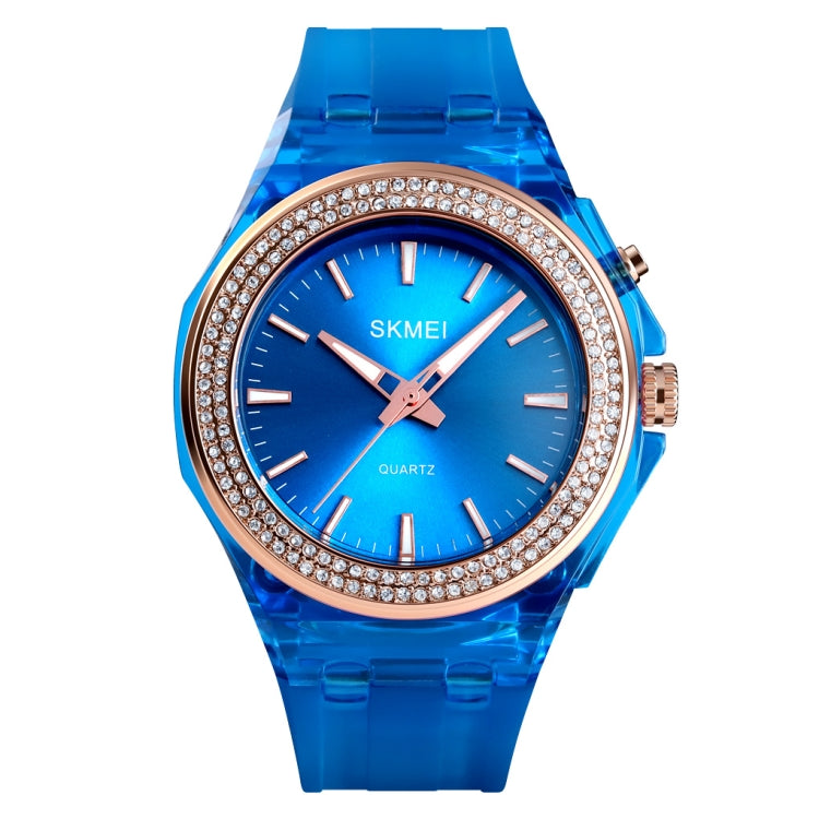Women transparent blue watch, round blue dial, crystal-studded bezel, quartz hands