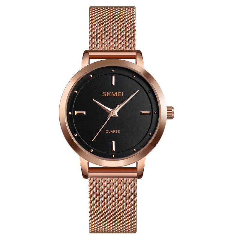 Rose gold SKMEI lady watch with black dial and rose gold mesh bracelet
