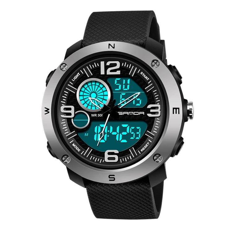 SANDA 762 men’s digital sport watch with black silicone strap and silver-tone bezel, teal display