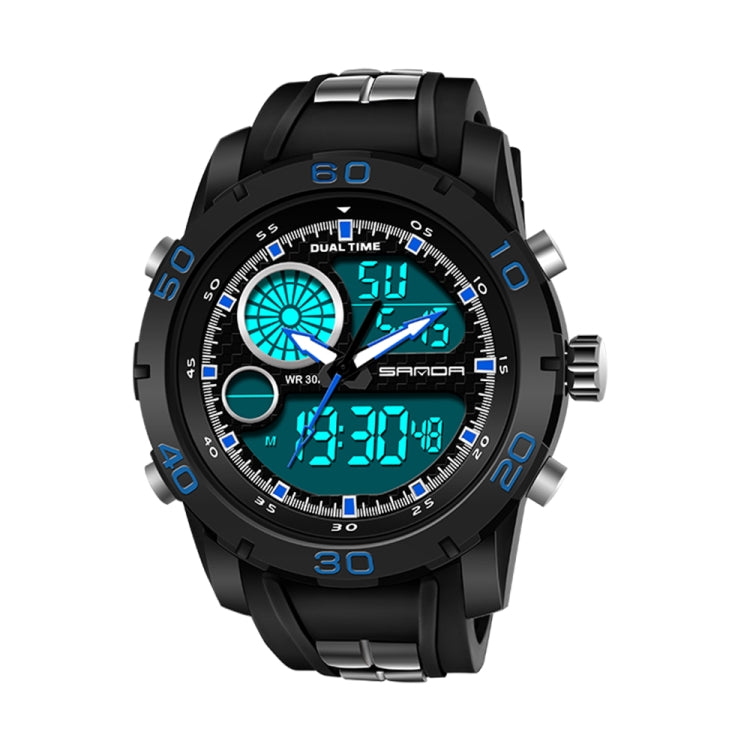 Men's waterproof sports watch, black case with bright blue digital LED display