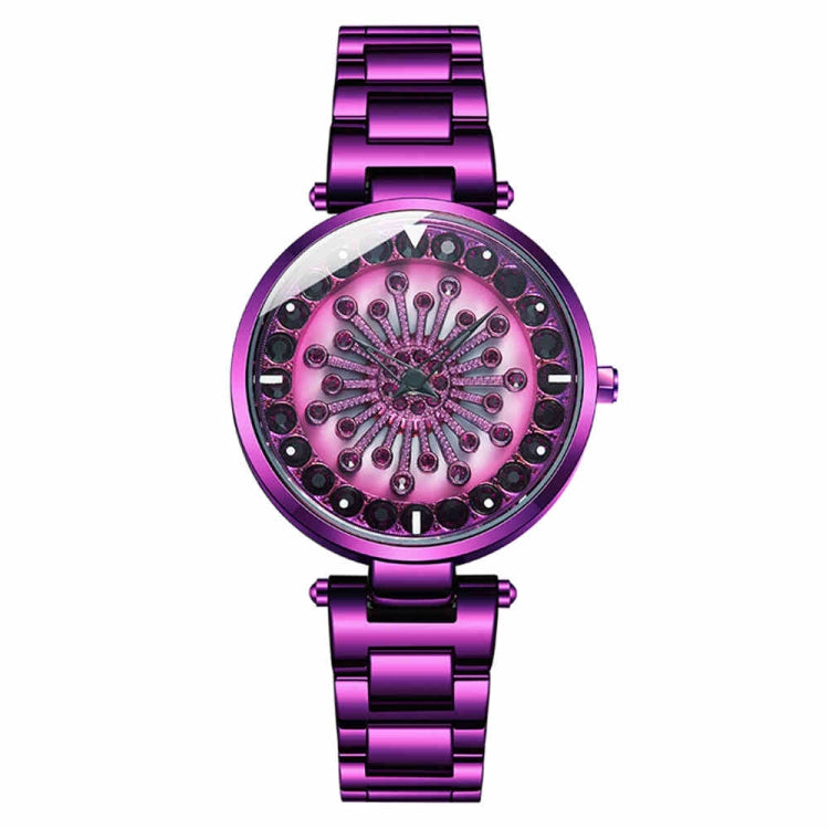 Purple women's rotating watch with pink starburst dial and jeweled bezel on metal band