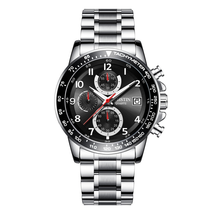 OCHSTIN men’s multi-function chronograph watch, black dial with red accents and steel band