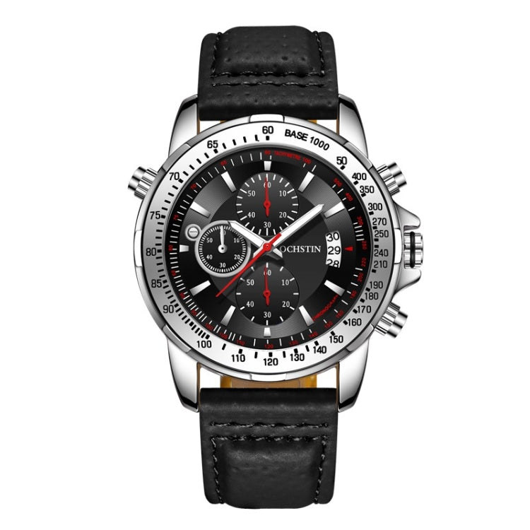 Men's quartz chronograph watch, black dial, black leather strap with black stitching