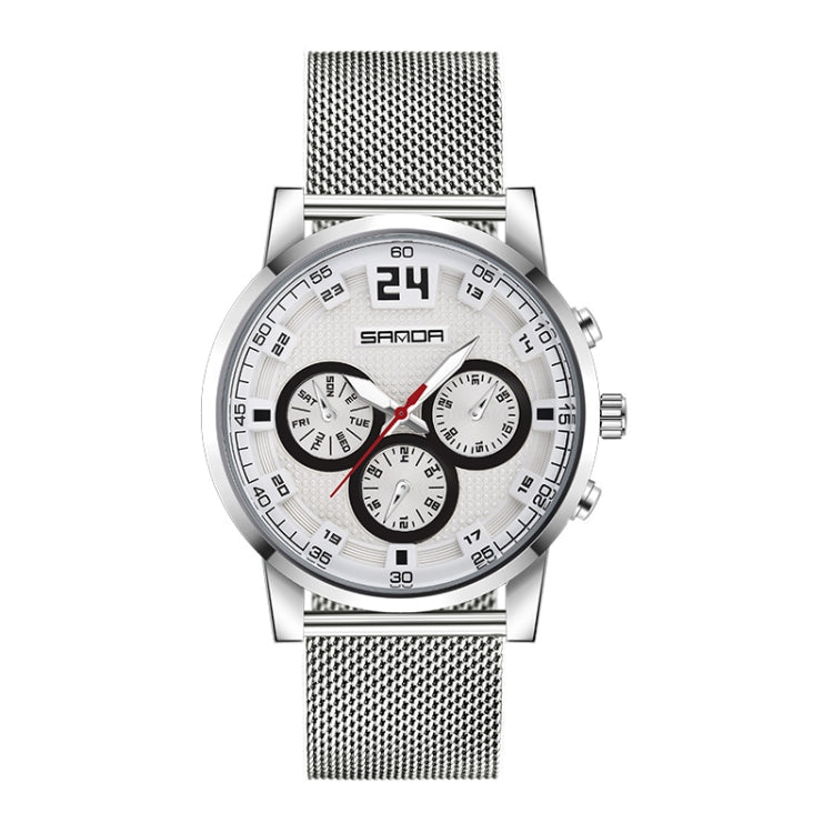 Quartz men's watch with light dial and red accents, silver case, silver mesh metal strap