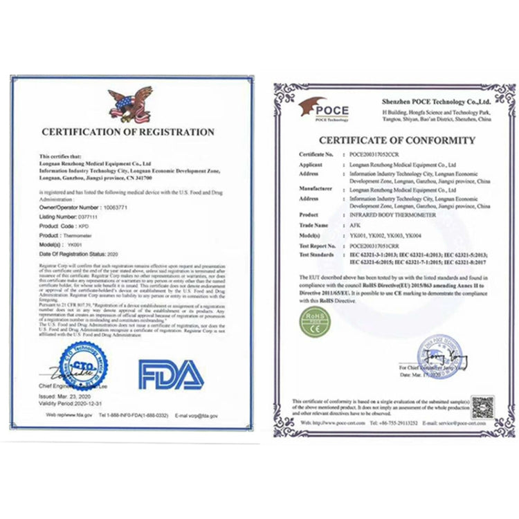 Thermometer registration and certificate of conformity document pages with seals