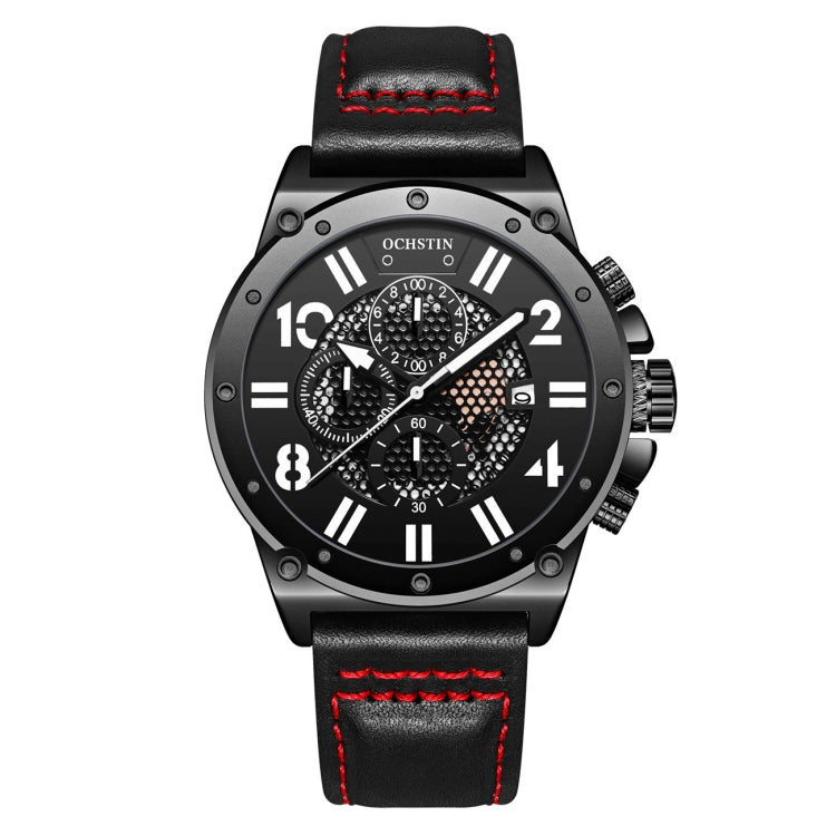 Sports quartz watch with black dial and black leather strap featuring red contrast stitching.