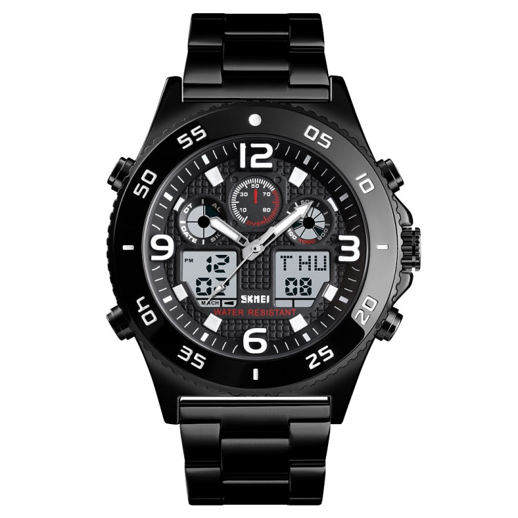 SKMEI multi-function electronic watch with black steel bracelet and black dial