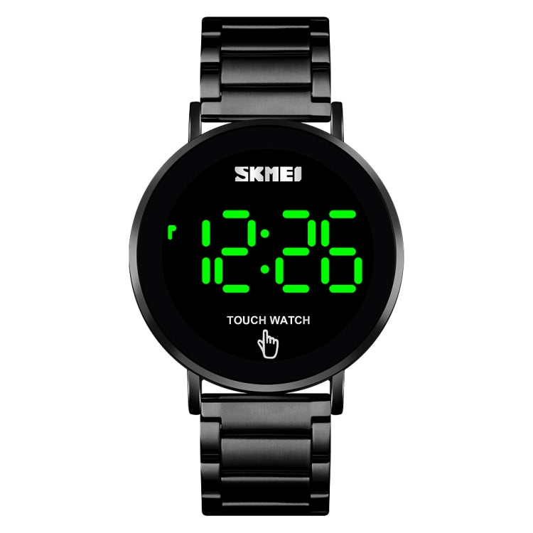 Black LED touch-screen men’s watch, black dial with green digital time, metal bracelet
