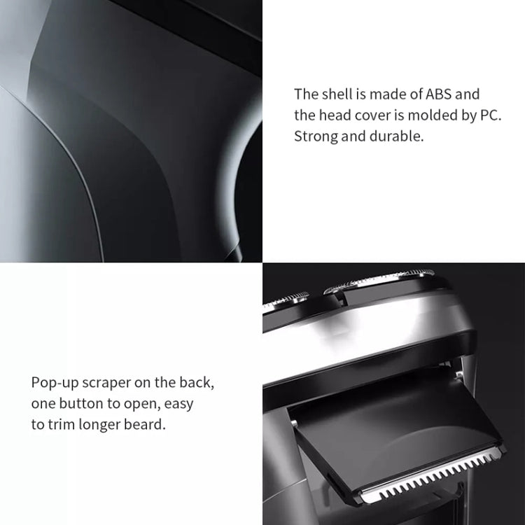 Pop-up rear trimmer scraper attachment on electric rotary shaver base, black and silver