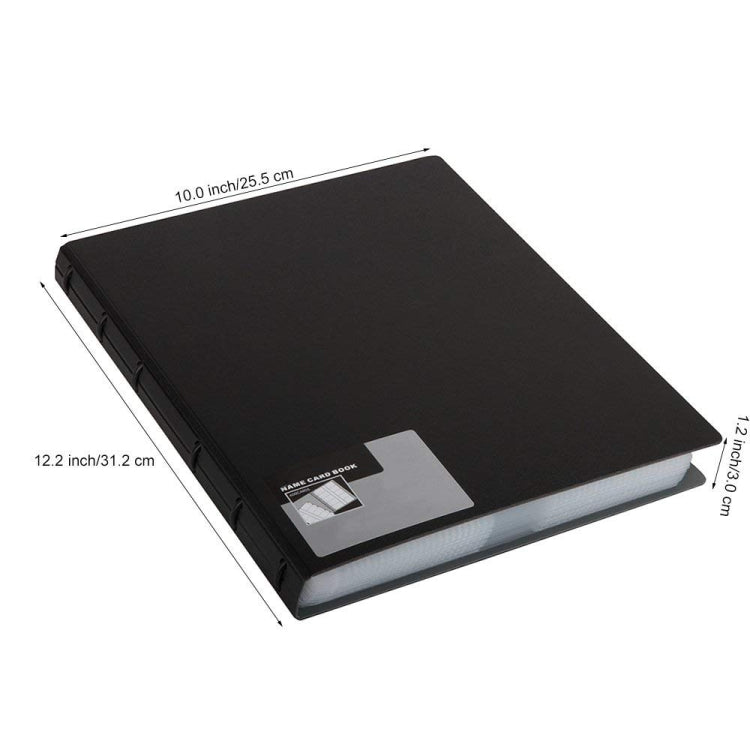 Black business card name book shown with size labels and centered card pocket
