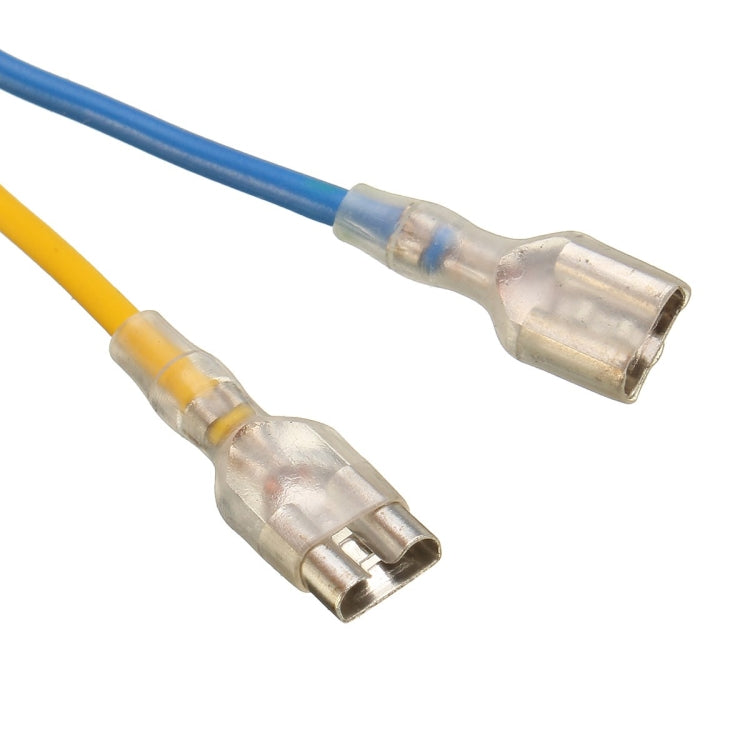 Crimped wire terminals on blue and yellow leads