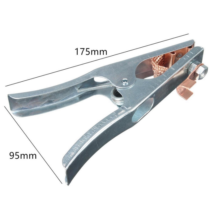 Welding ground cable clip clamp with 175mm and 95mm size markings, silver and copper.