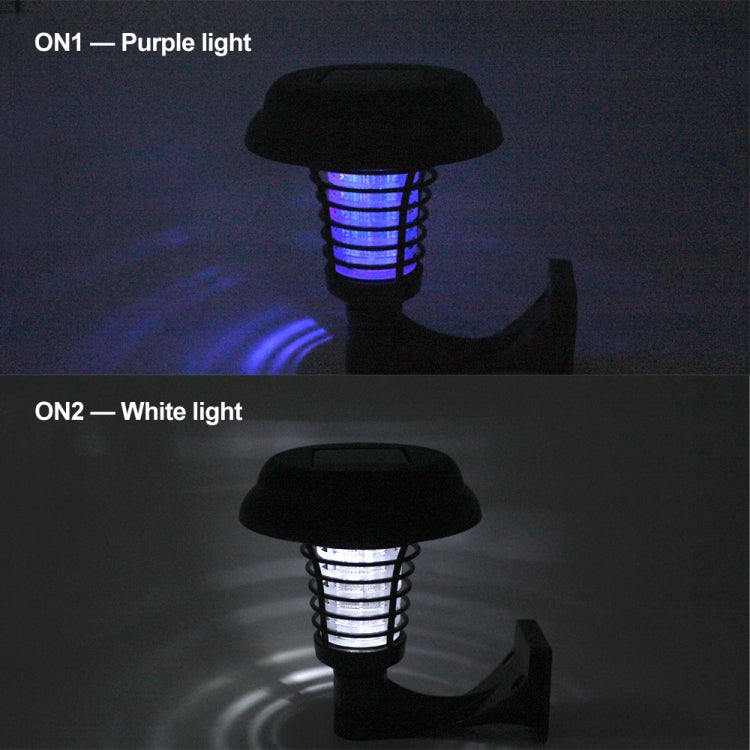 Solar mosquito zapper lamp showing purple and white light modes on UV grid