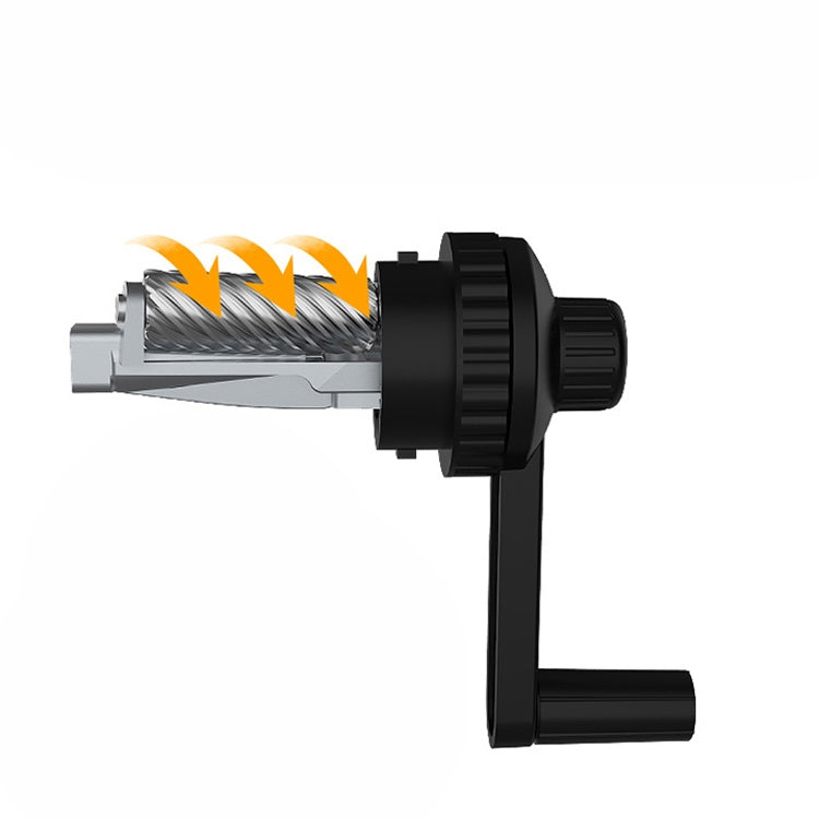 Black hand-crank mechanical pencil sharpener with crank handle and shavings tray