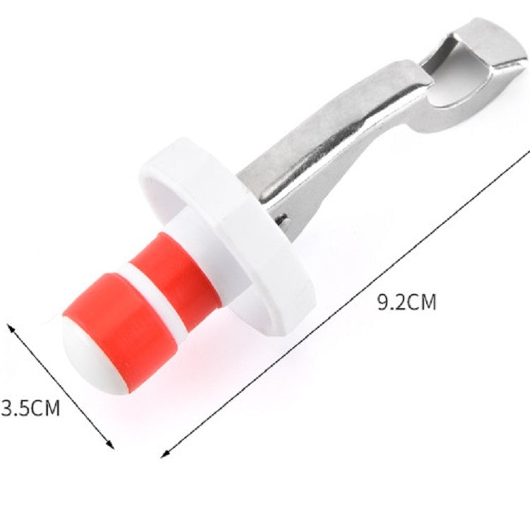 Wine stopper opener dimensions showing white base, stainless lever, and red silicone stopper