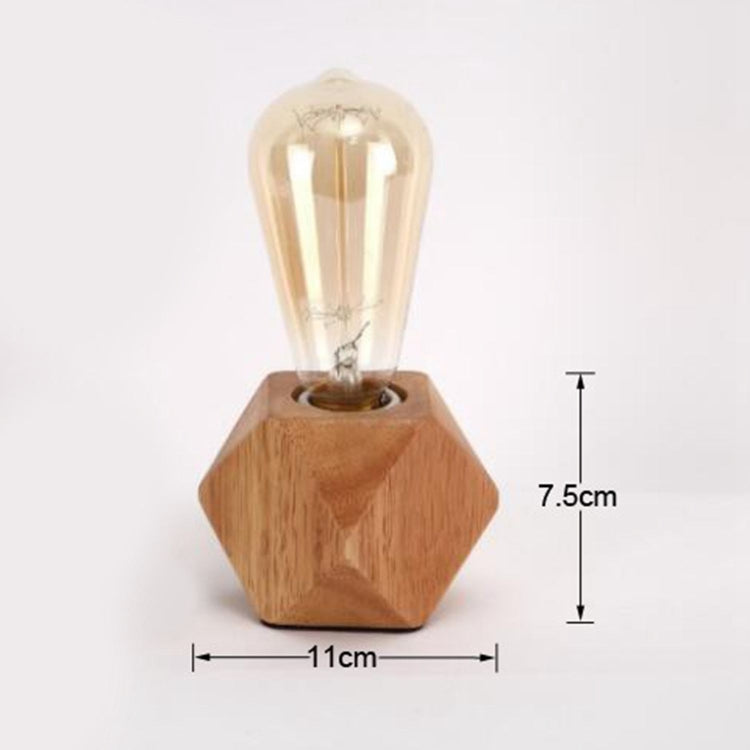 Small wooden hexagonal night light, 11cm wide and 7.5cm tall, with bulb