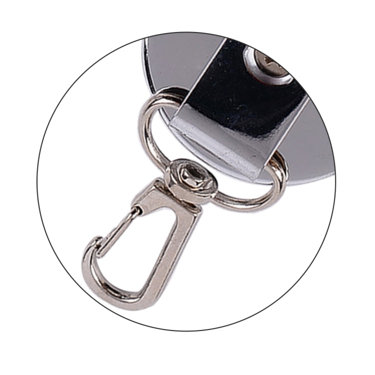 Retractable keychain metal clip and key ring detail on round housing