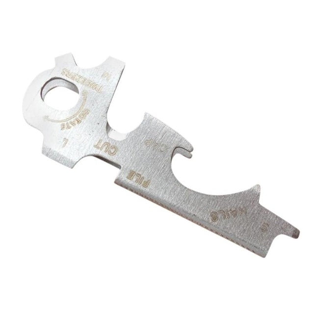 Silver 8-in-1 multitool keychain with wrench opening and curved cutting edge