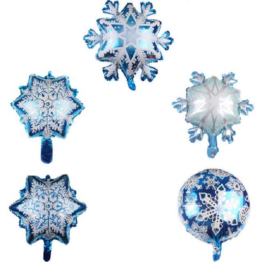 5 PCS Snowflake Shaped Holiday Decoration Aluminum Film Balloon, 32×36cm Mini Snowflake, 29×40cm Mini Snowflake, 45×45cm Snowflake, 50×58cm Snowflake, 73×73cm Large Snowflake