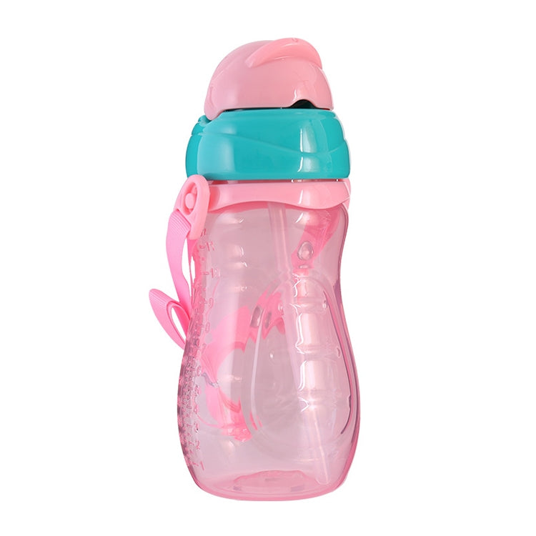 Kids sippy water bottle with straw, pink body, teal and pink lid, clear drinking tube