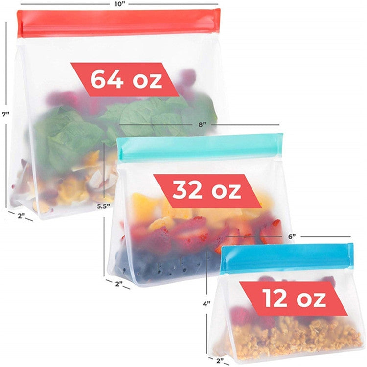 Set of PEVA food bags with resealable zip tops in 12, 32, and 64 oz sizes